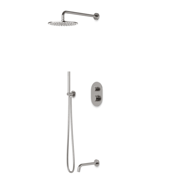 PS120 - Opera Round Thermostatic Shower Trim Kit with Wall Mount Shower Head, Hand Held Shower, Tub Filler Artos US Brushed Nickel