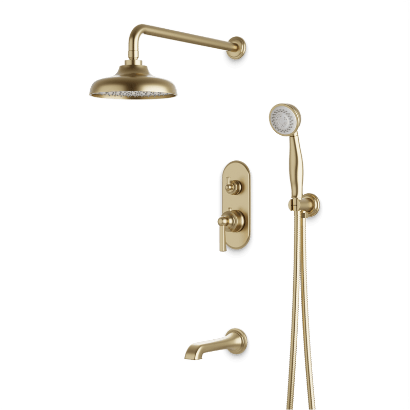 Classic Thermostatic Shower Trim Kit with Hand Shower, Tub Filler - Satin Brass / Linear image 1