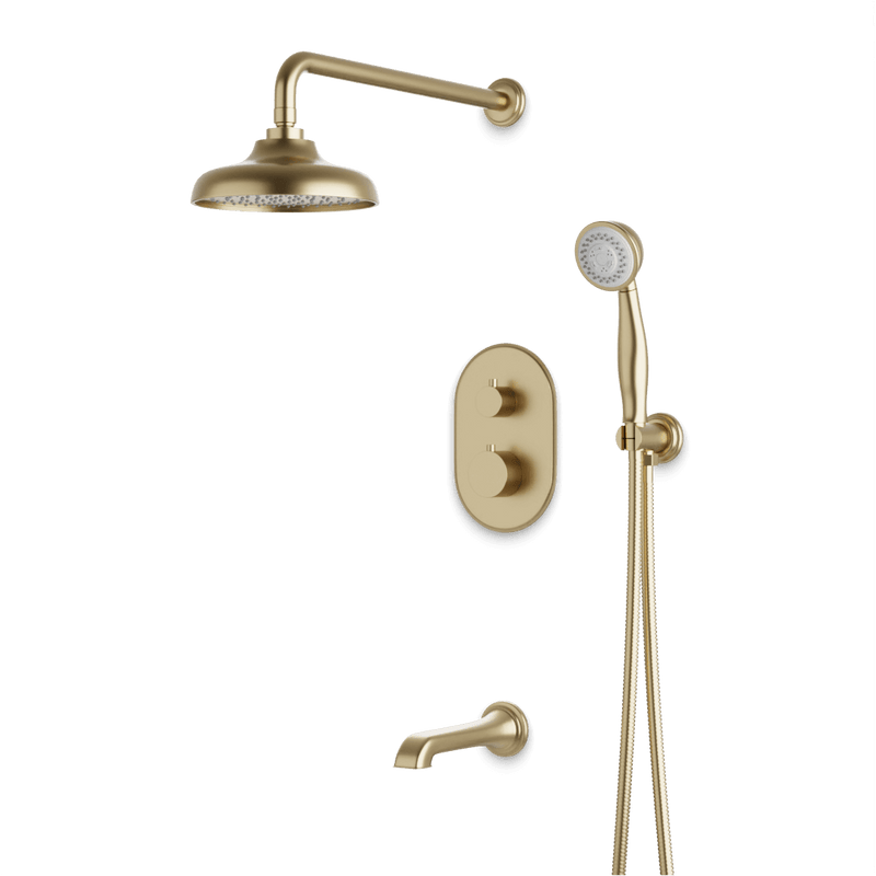 Classic Thermostatic Shower Trim Kit with Hand Shower, Tub Filler - Satin Brass / Wide image 1
