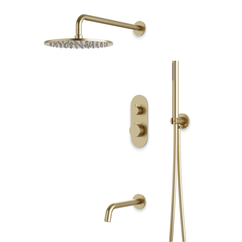 Opera Thermostatic Shower Trim Kit with Hand Shower, Tub Filler - Satin Brass / Linear image 1