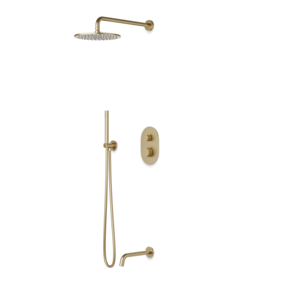 PS120 - Opera Round Thermostatic Shower Trim Kit with Wall Mount Shower Head, Hand Held Shower, Tub Filler Artos US Satin Brass