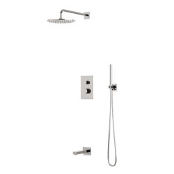 Square + Round Thermostatic Shower Trim Kit with Wall Mount Shower Head, Hand Held Shower, Tub Filler Artos US Brushed Nickel 