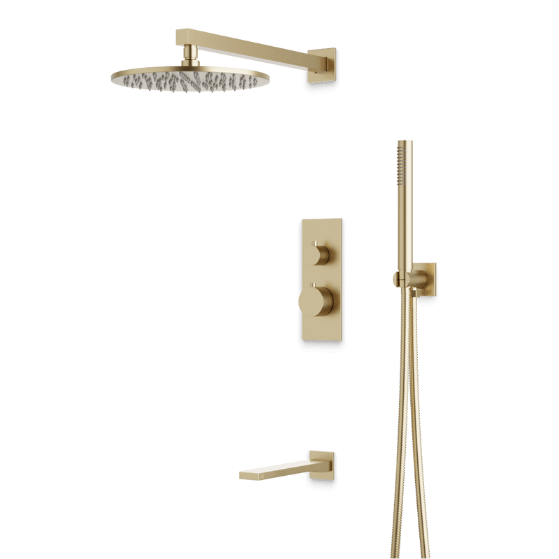 Otella Thermostatic Shower Trim Kit with Hand Shower, Tub Filler - Satin Brass / Linear image 1
