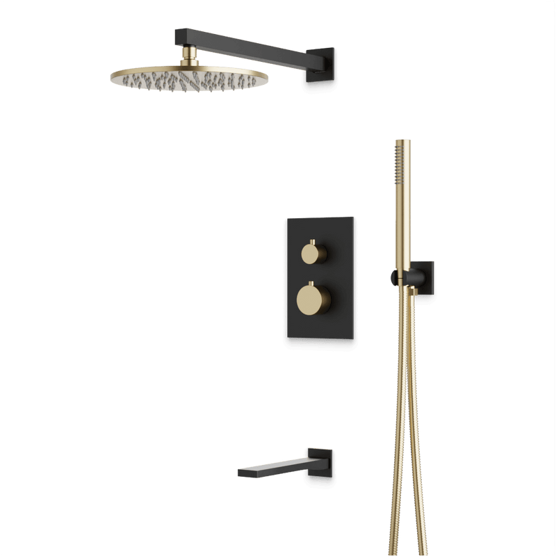 Otella Thermostatic Shower Trim Kit with Hand Shower, Tub Filler - Satin Brass/Matte Black / Wide image 1