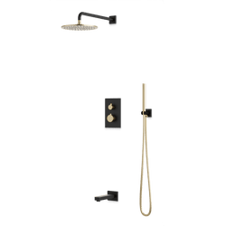 Square + Round Thermostatic Shower Trim Kit with Wall Mount Shower Head, Hand Held Shower, Tub Filler Artos US Satin Brass/Matte Black 