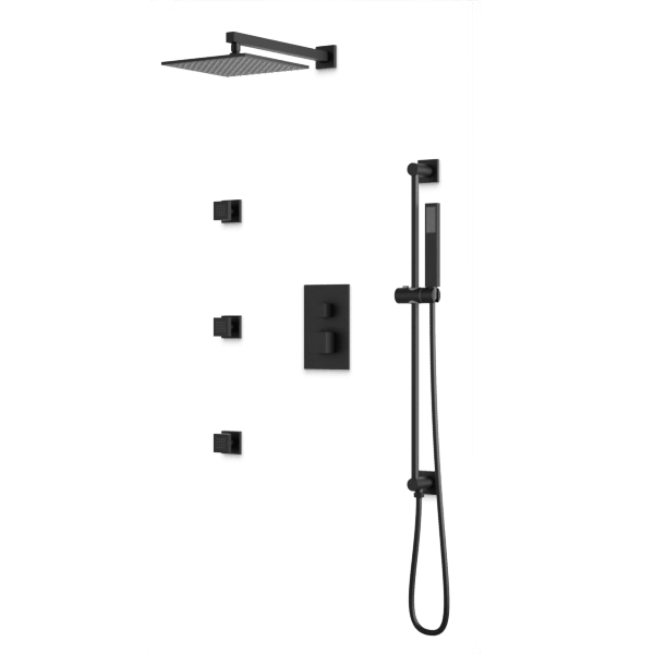 PS123 - Square Thermostatic Shower Trim Kit with Wall Mount Shower Head, Hand Held Shower on Slide Bar, Body Jets Artos US Matte Black 