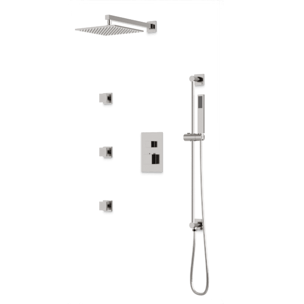 PS123 - Square Thermostatic Shower Trim Kit with Wall Mount Shower Head, Hand Held Shower on Slide Bar, Body Jets Artos US Brushed Nickel 