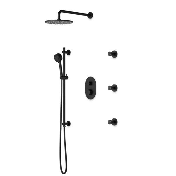PS124 - Opera Round Thermostatic Shower Trim Kit with Wall Mount Shower Head, Hand Held Shower on Slide Bar, Body Jets Artos US Black