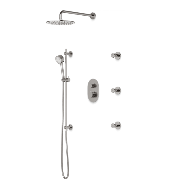 PS124 - Opera Round Thermostatic Shower Trim Kit with Wall Mount Shower Head, Hand Held Shower on Slide Bar, Body Jets Artos US Brushed Nickel