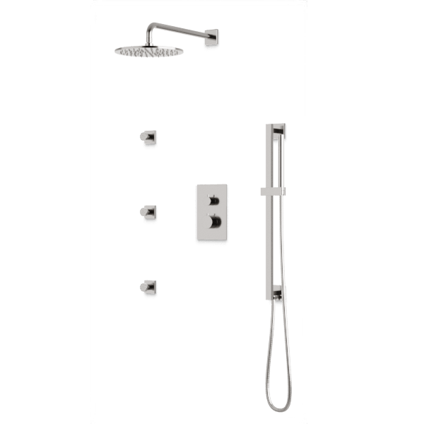 Square + Round Thermostatic Shower Trim Kit with Wall Mount Shower Head, Hand Held Shower on Slide Bar, Body Jets Artos US Brushed Nickel 