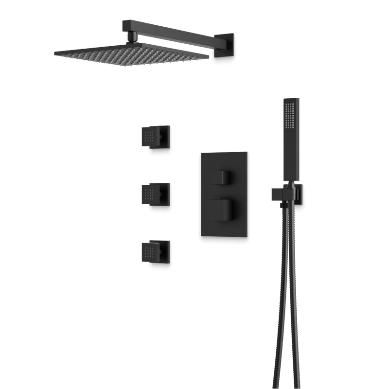 Edge Thermostatic Shower Trim Kit with Wall Mount Shower Head, Hand Shower, Body Jets - Matte Black / Wide image 1