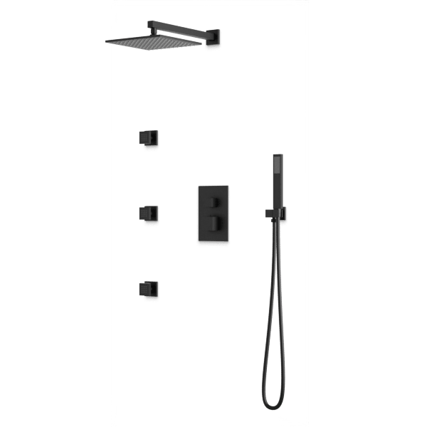 PS127 - Square Thermostatic Shower Trim Kit with Wall Mount Shower Head, Hand Held Shower, Body Jets Artos US Matte Black 