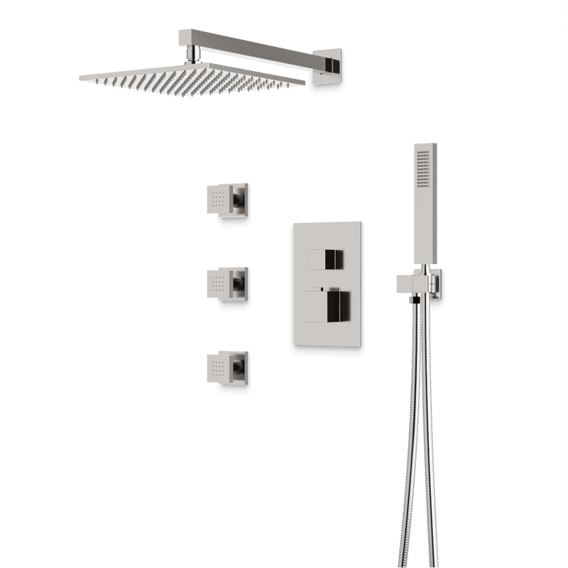 Edge Thermostatic Shower Trim Kit with Wall Mount Shower Head, Hand Shower, Body Jets - Brushed Nickel / Wide image 1