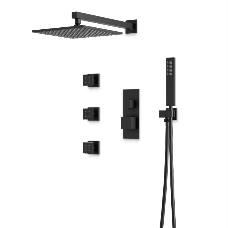 Edge Thermostatic Shower Trim Kit with Wall Mount Shower Head, Hand Shower, Body Jets - Matte Black / Linear image 1
