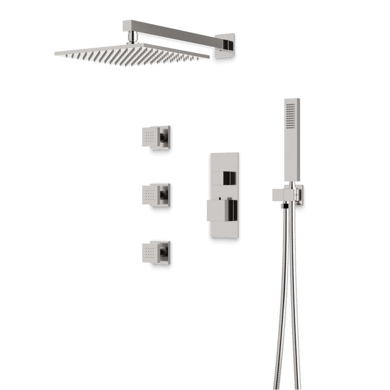Edge Thermostatic Shower Trim Kit with Wall Mount Shower Head, Hand Shower, Body Jets - Brushed Nickel / Linear image 1
