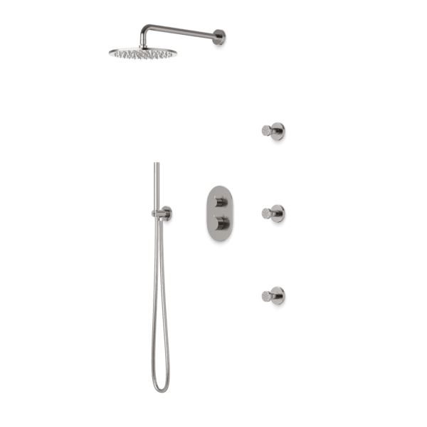 PS128 - Opera Round Thermostatic Shower Trim Kit with Wall Mount Shower Head, Hand Held Shower, Body Jets Artos US Brushed Nickel