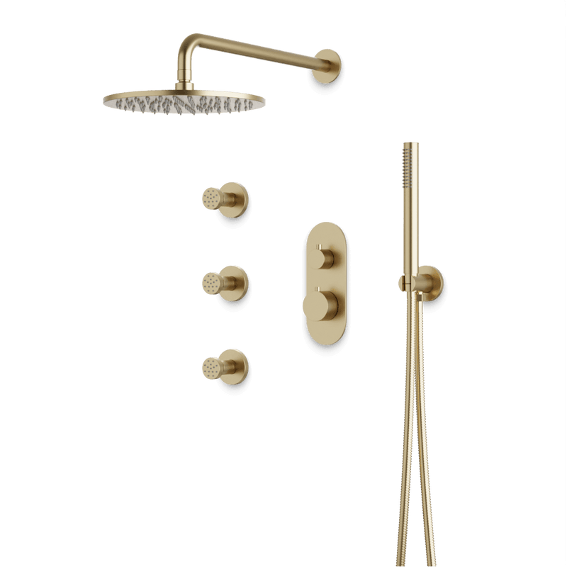Opera Thermostatic Shower Trim Kit with Hand Shower, Body Jets - Satin Brass / Linear image 1