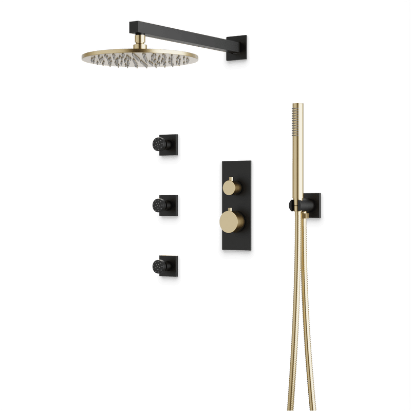 Otella Thermostatic Shower Trim Kit with Hand Shower, Body Jets - Satin Brass/Matte Black / Linear image 1