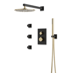 Otella Thermostatic Shower Trim Kit with Hand Shower, Body Jets - Satin Brass/Matte Black / Wide thumbnail 1