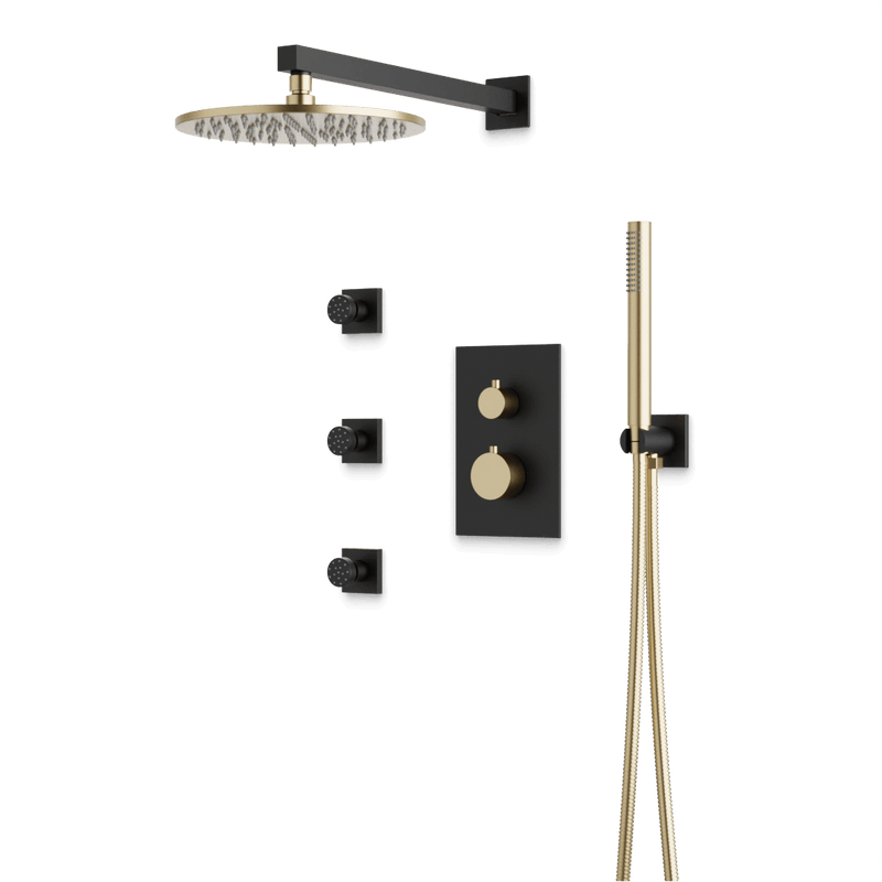 Otella Thermostatic Shower Trim Kit with Hand Shower, Body Jets - Satin Brass/Matte Black / Wide image 1