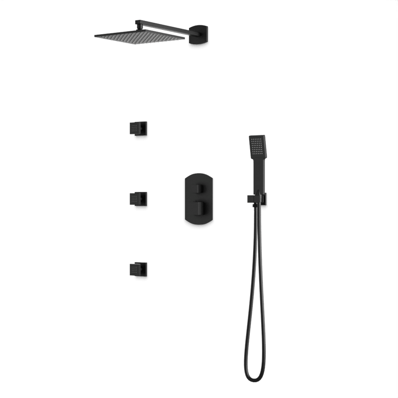 Transitional Thermostatic Shower Trim Kit with Wall Mount Shower Head, Hand Shower, Body Jets - Matte Black image 1