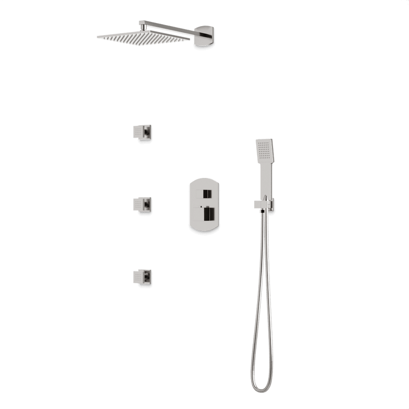 Transitional Thermostatic Shower Trim Kit with Wall Mount Shower Head, Hand Shower, Body Jets - Brushed Nickel image 1