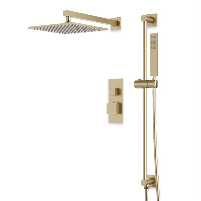 Edge Thermostatic Shower Trim Kit with Wall Mount Shower Head, Hand Shower on Slide Bar - Satin Brass / Linear image 1