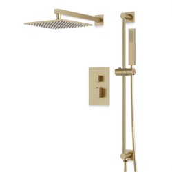 Edge Thermostatic Shower Trim Kit with Wall Mount Shower Head, Hand Shower on Slide Bar - Satin Brass / Wide thumbnail 1