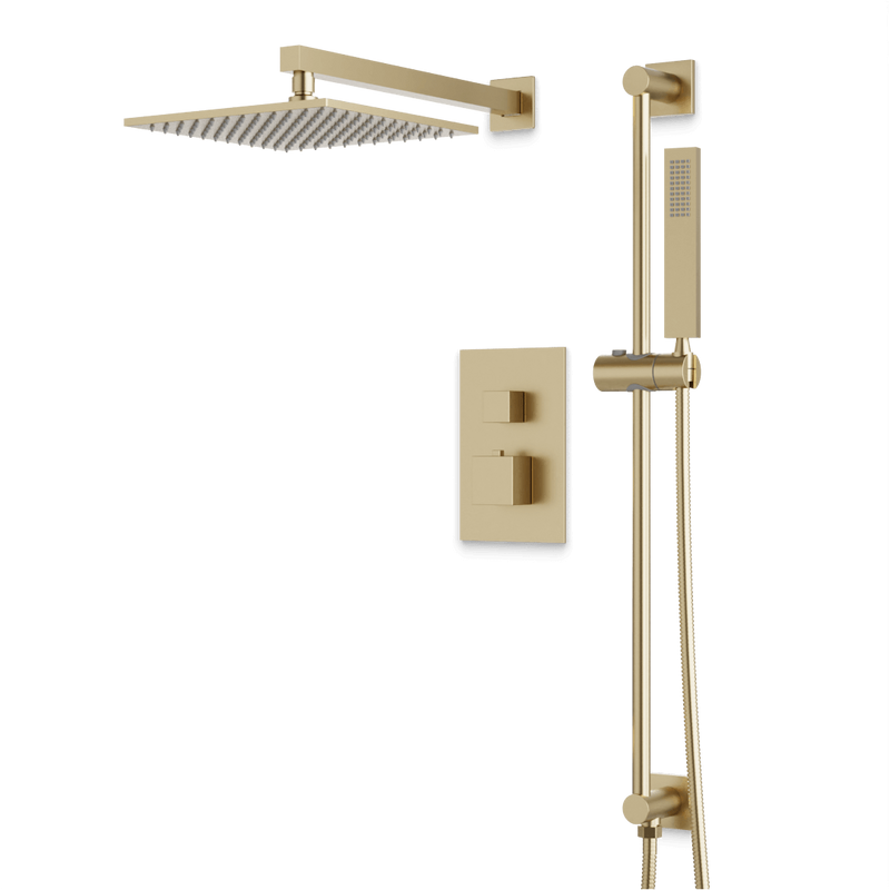 Edge Thermostatic Shower Trim Kit with Wall Mount Shower Head, Hand Shower on Slide Bar - Satin Brass / Wide image 1
