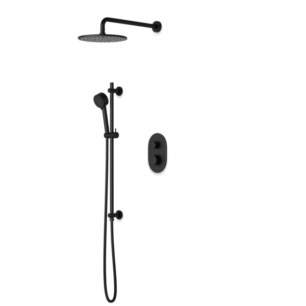 PS136 - Opera Round Thermostatic Shower Trim Kit with Wall Mount Shower Head, Hand Held Shower on Slide Bar Artos US Black