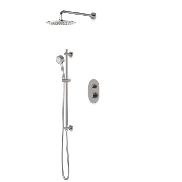 PS136 - Opera Round Thermostatic Shower Trim Kit with Wall Mount Shower Head, Hand Held Shower on Slide Bar Artos US Brushed Nickel