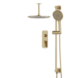 Harmony Thermostatic Shower Trim Kit with Hand Shower on Slide Bar - Satin Brass / 12" / Ceiling Mount thumbnail 1
