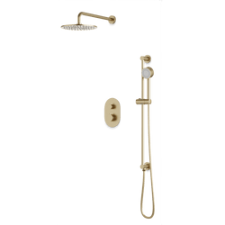 Round Thermostatic Shower Trim Kit with Wall Mount Shower Head, Hand Held Shower on Slide Bar Artos US Satin Brass 