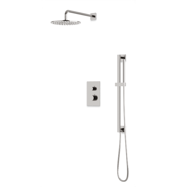 Square + Round Thermostatic Shower Trim Kit with Wall Mount Shower Head, Hand Held Shower on Slide Bar Artos US Brushed Nickel 