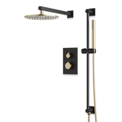 Otella Thermostatic Shower Trim Kit with Hand Shower on Slide Bar - Satin Brass/Matte Black / Wide thumbnail 1