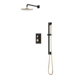 Square + Round Thermostatic Shower Trim Kit with Wall Mount Shower Head, Hand Held Shower on Slide Bar Artos US Satin Brass/Matte Black 