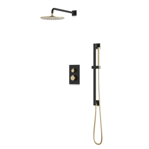 Square + Round Thermostatic Shower Trim Kit with Wall Mount Shower Head, Hand Held Shower on Slide Bar Artos US Satin Brass/Matte Black 