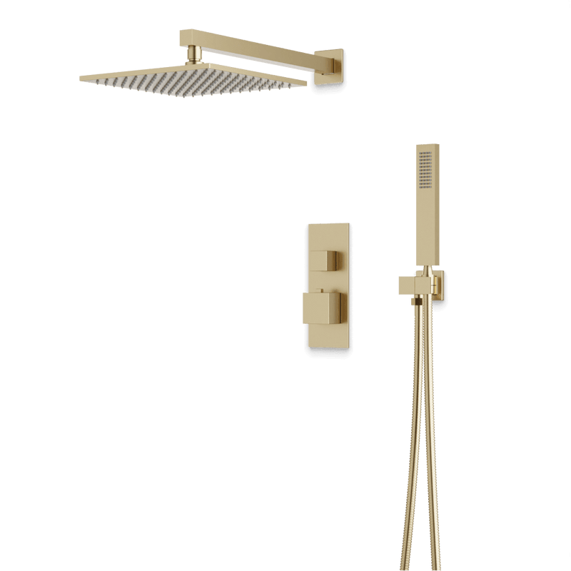 Edge Thermostatic Shower Trim Kit with Wall Mount Shower Head, Hand Shower - Satin Brass / Linear image 1