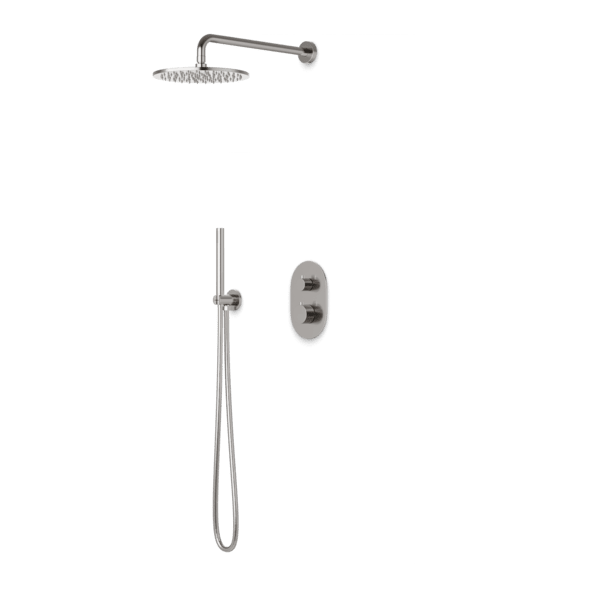 PS140 - Opera Round Thermostatic Shower Trim Kit with Wall Mount Shower Head, Hand Held Shower Artos US Brushed Nickel