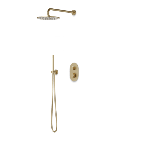 PS140 - Opera Round Thermostatic Shower Trim Kit with Wall Mount Shower Head, Hand Held Shower Artos US Satin Brass
