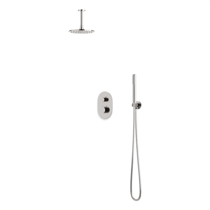 Round Thermostatic Shower Trim Kit with Wall Mount Shower Head, Hand Held Shower Artos US Brushed Nickel 8" Round Ceiling Mounted