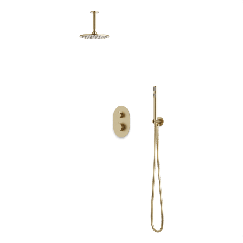 Round Thermostatic Shower Trim Kit with Wall Mount Shower Head, Hand Held Shower Artos US Satin Brass 8" Round Ceiling Mounted