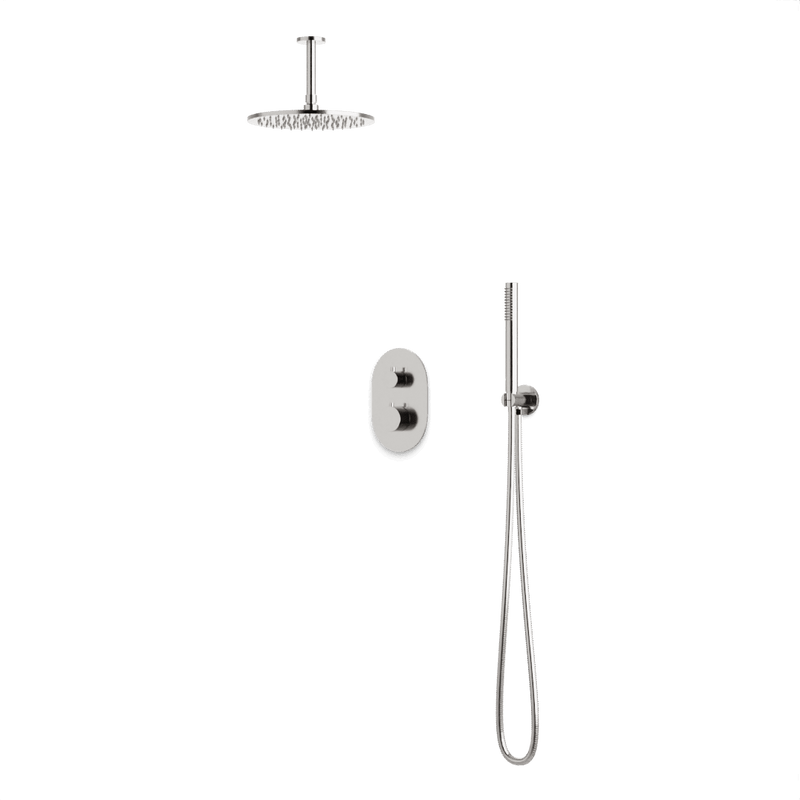 Round Thermostatic Shower Trim Kit with Wall Mount Shower Head, Hand Held Shower Artos US Brushed Nickel 10" Round Ceiling Mounted