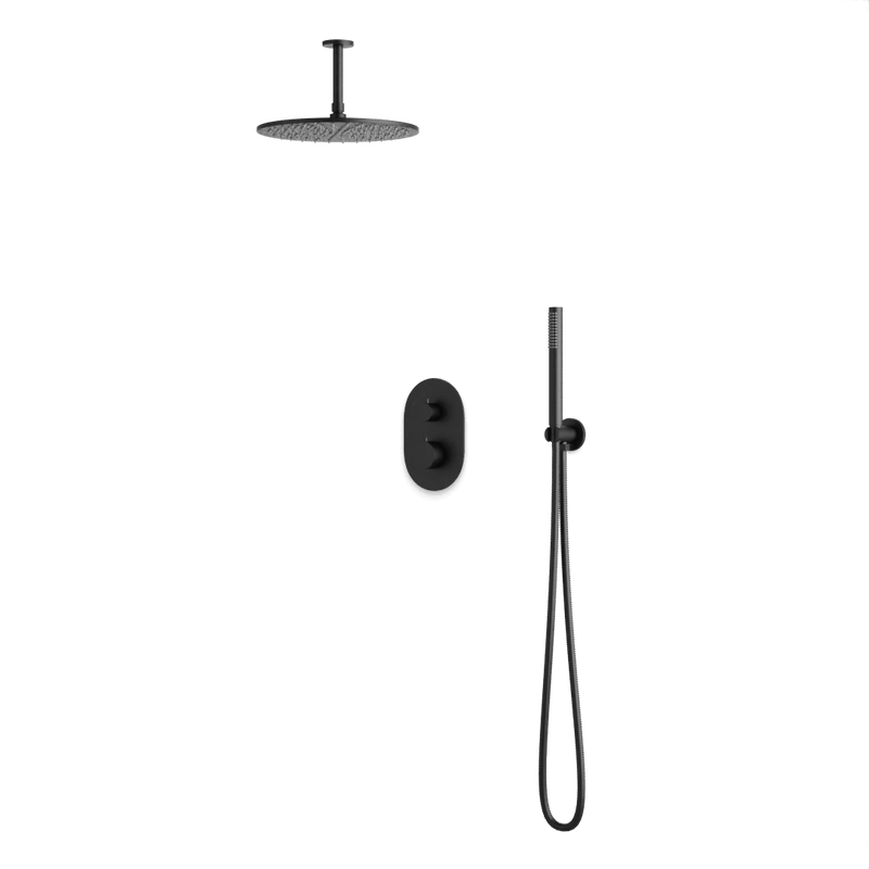 Round Thermostatic Shower Trim Kit with Wall Mount Shower Head, Hand Held Shower Artos US Matte Black 12" Round Ceiling Mounted
