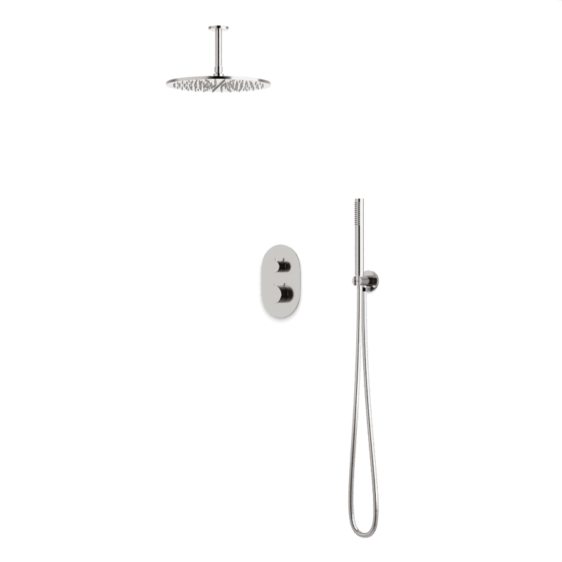 Round Thermostatic Shower Trim Kit with Wall Mount Shower Head, Hand Held Shower Artos US Brushed Nickel 12" Round Ceiling Mounted