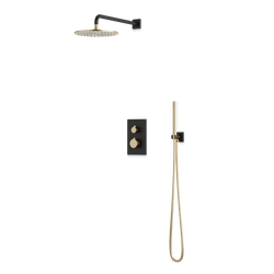 Square + Round Thermostatic Shower Trim Kit with Wall Mount Shower Head, Hand Held Shower Artos US Satin Brass/Matte Black 