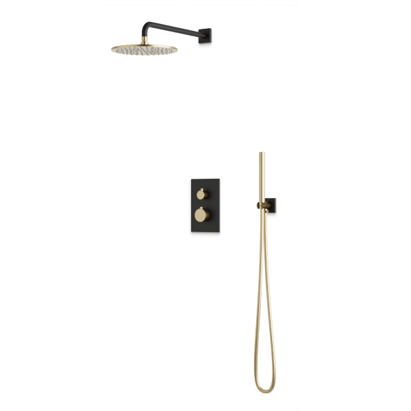 Square + Round Thermostatic Shower Trim Kit with Wall Mount Shower Head, Hand Held Shower Artos US Satin Brass/Matte Black 