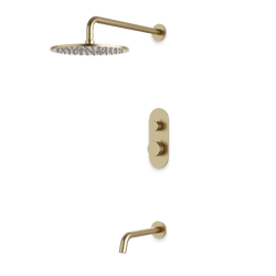 Opera Thermostatic Shower Trim Kit with Wall Mount Shower Head, Tub Filler - Satin Brass / Linear thumbnail 1