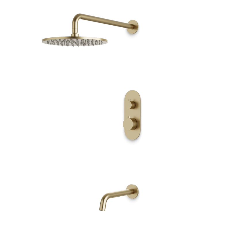 Opera Thermostatic Shower Trim Kit with Wall Mount Shower Head, Tub Filler - Satin Brass / Linear image 1
