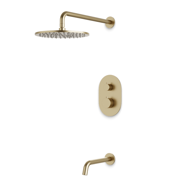 Opera Thermostatic Shower Trim Kit with Wall Mount Shower Head, Tub Filler - Satin Brass / Wide image 1